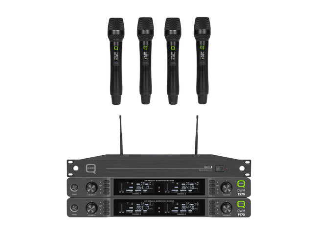 Q-AUDIO QWM1970 HH 4 WAY HANDHELD WIRELESS SYSTEM with TOURING RACK CASE