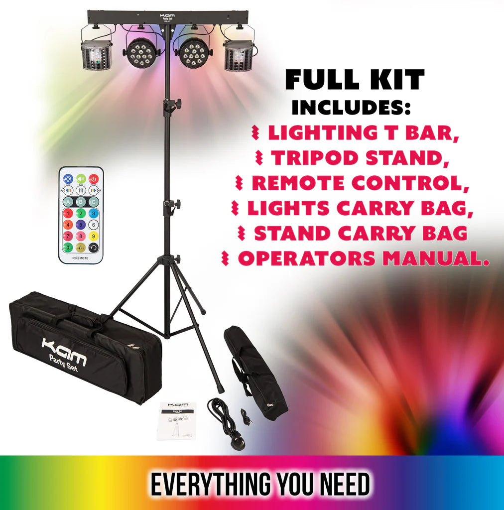 KAM PARTY SET - 2x PARs, 2x DERBYS, LIGHTING STAND + CARRY BAGS SET